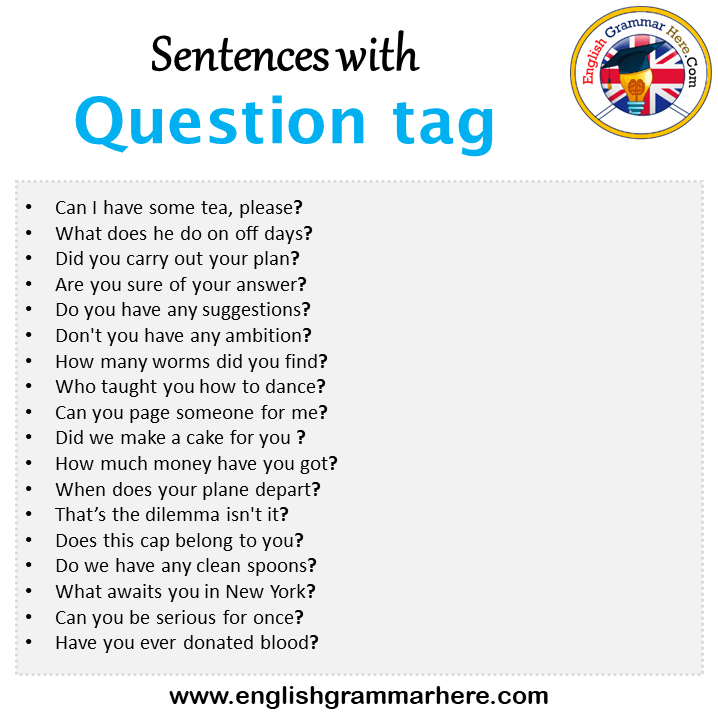 Sentences with Question tag, Question tag in a Sentence in English, Sentences For Question tag