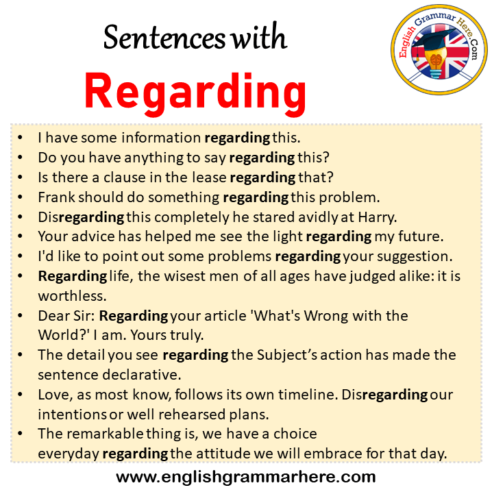 Sentences with Regarding, Regarding in a Sentence in English, Sentences For Regarding