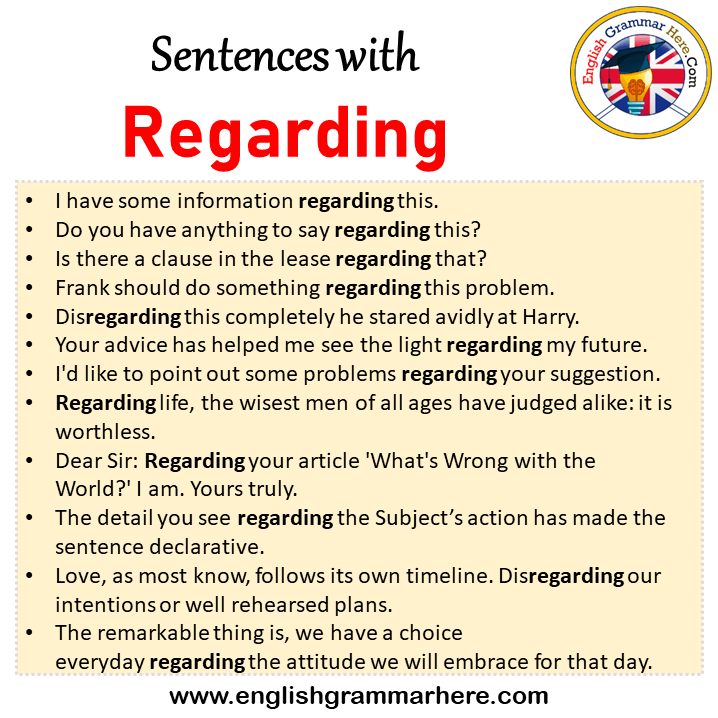 Sentences with Regarding, Regarding in a Sentence in English, Sentences For Regarding English