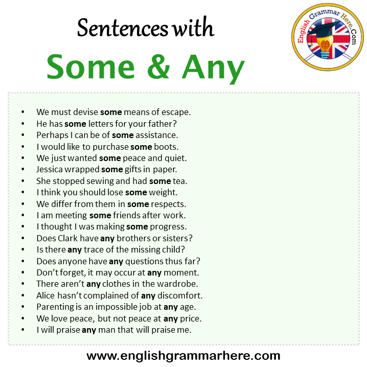 Iluminar educador Para exponer Sentences with Some and Any, Some and Any in a Sentence in English,  Sentences For Some and Any - English Grammar Here