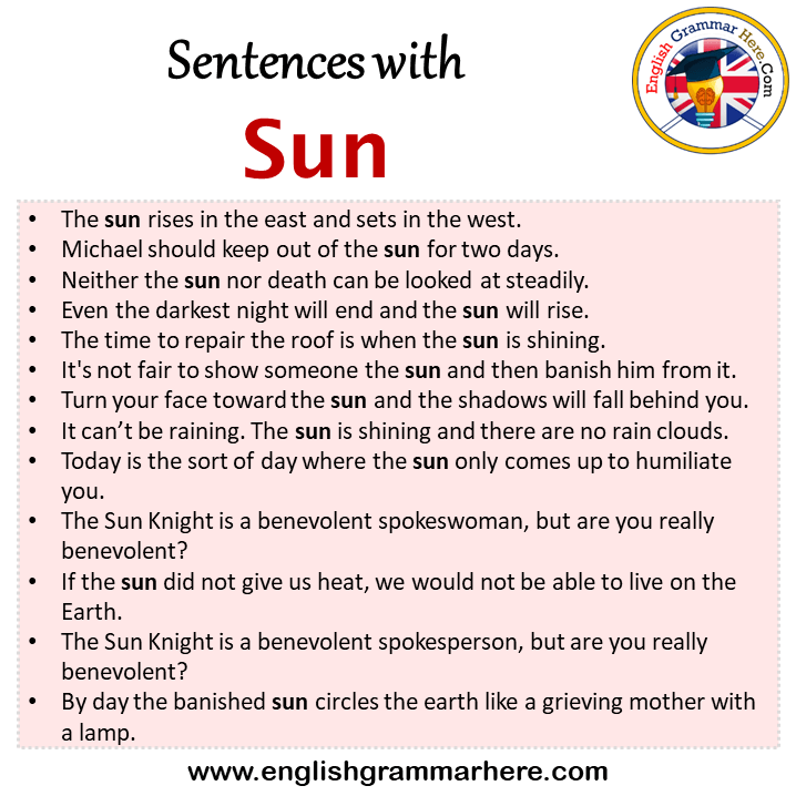 Sentences with Sun, Sun in a Sentence in English, Sentences For Sun
