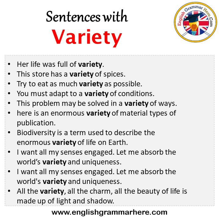 Sentences with Variety, Variety in a Sentence in English, Sentences For Variety