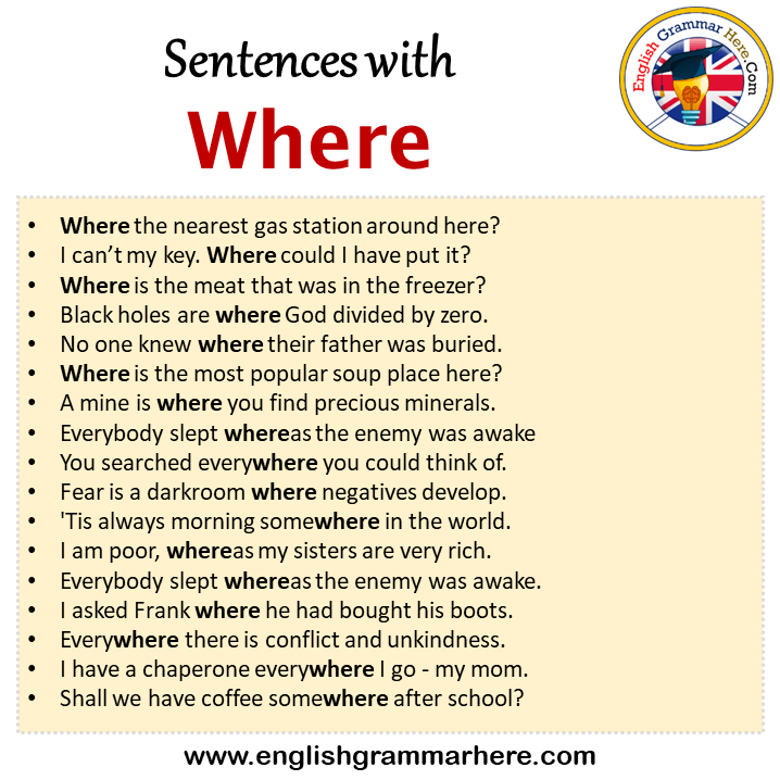 Sentences with Where, Where in a Sentence in English, Sentences For Where