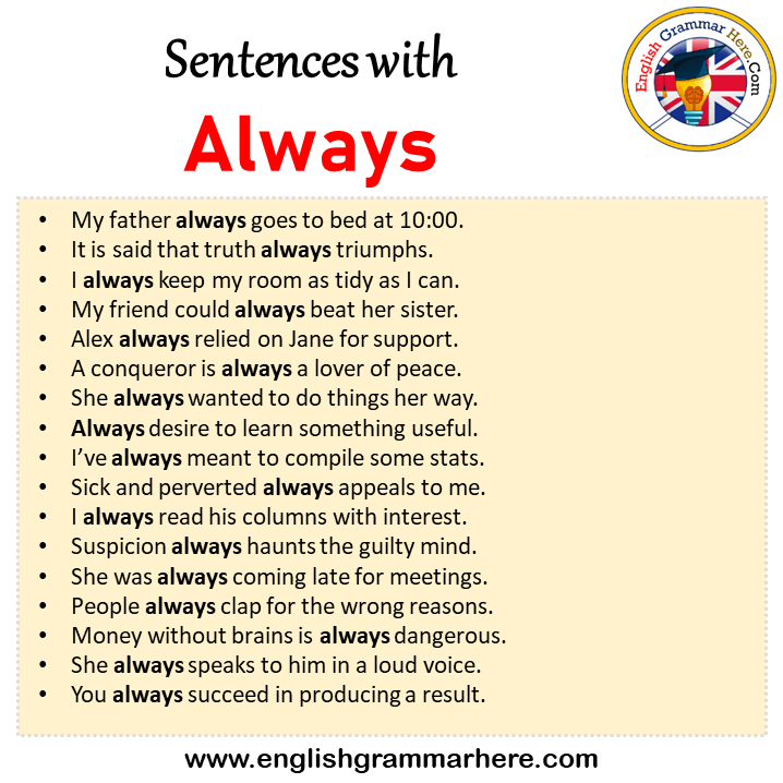Sentences with Always, Always in a Sentence in English, Sentences For Always