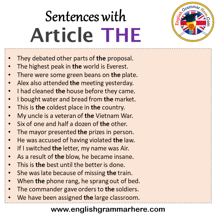 Sentences with Article THE, Article THE in a Sentence in English, Sentences For Article THE