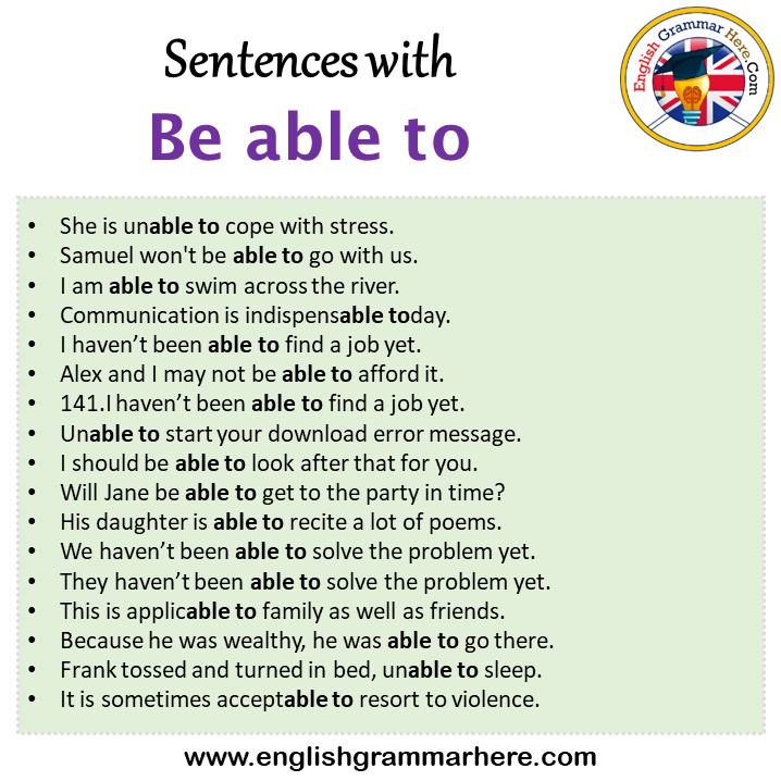 Sentences with Be able to, Be able to in a Sentence in English, Sentences For Be able to