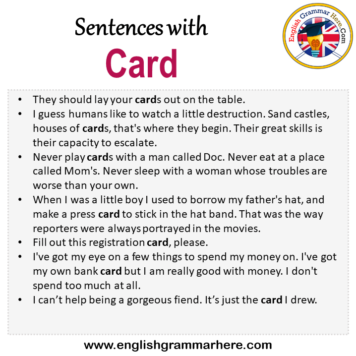 Sentences with Card, Card in a Sentence in English, Sentences For Card