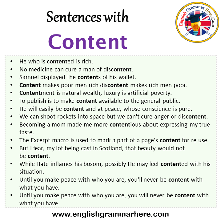 Sentences with Content, Content in a Sentence in English, Sentences For Content