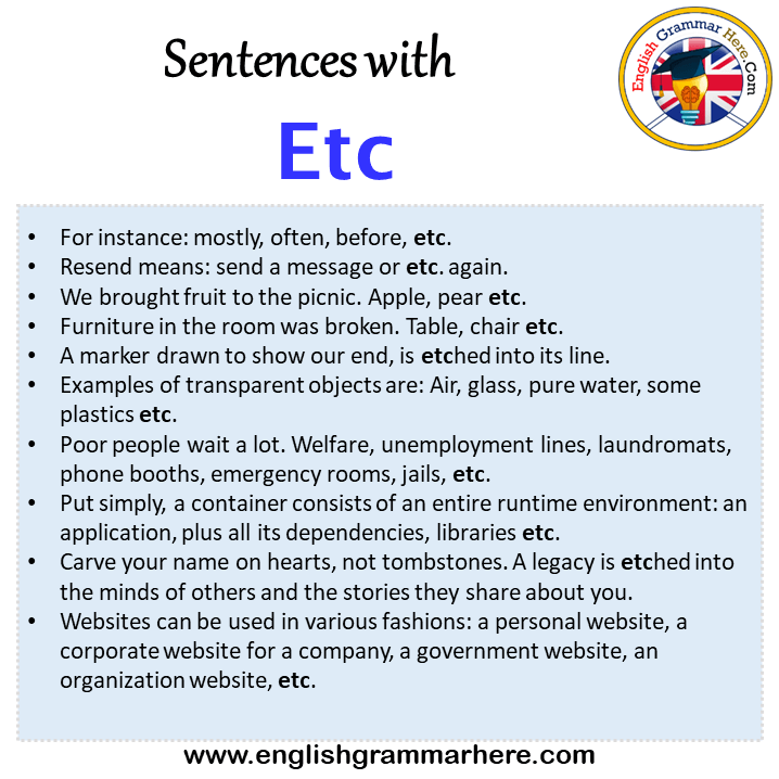 Sentences with Etc, Etc in a Sentence in English, Sentences For Etc