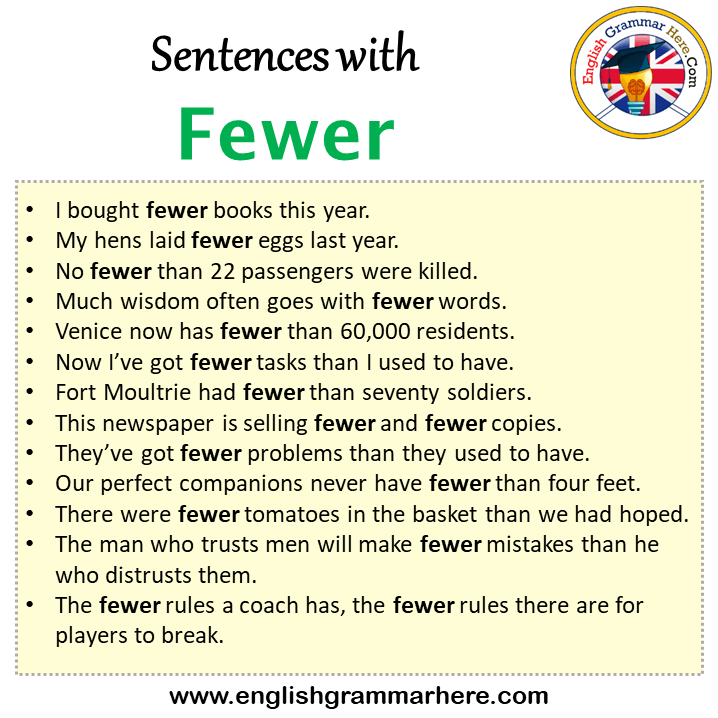 Sentences with Fewer, Fewer in a Sentence in English, Sentences For Fewer