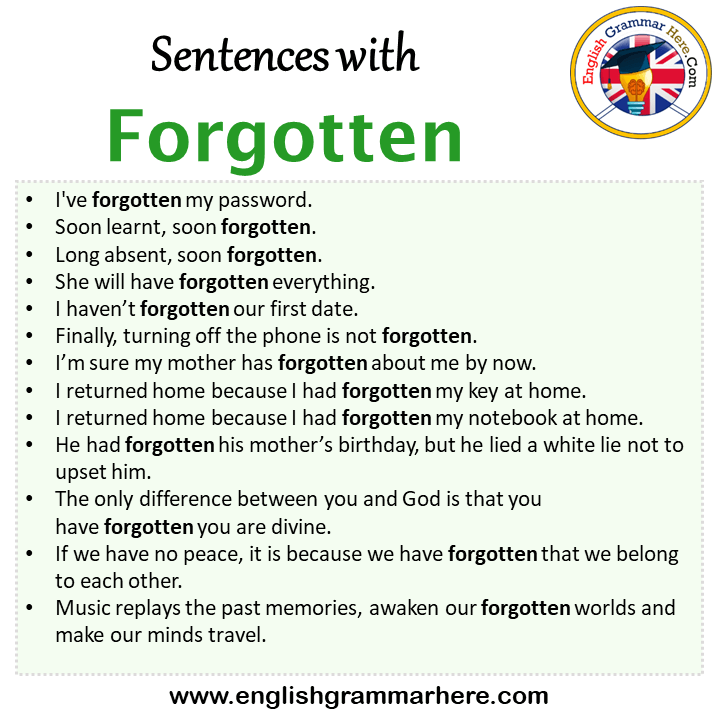Sentences with Forgotten, Forgotten in a Sentence in English, Sentences For Forgotten