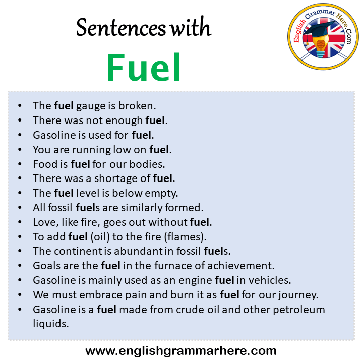 Sentences with Fuel, Fuel in a Sentence in English, Sentences For Fuel
