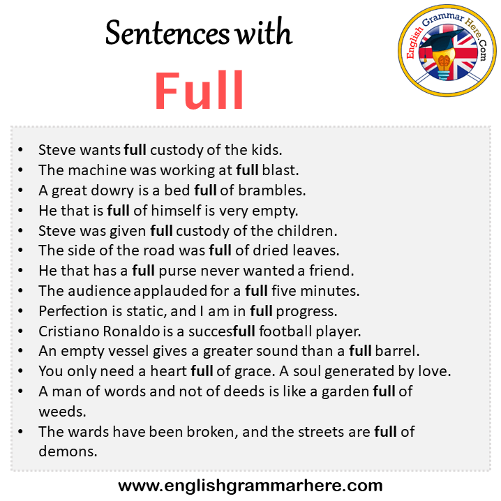Sentences with Full, Full in a Sentence in English, Sentences For Full