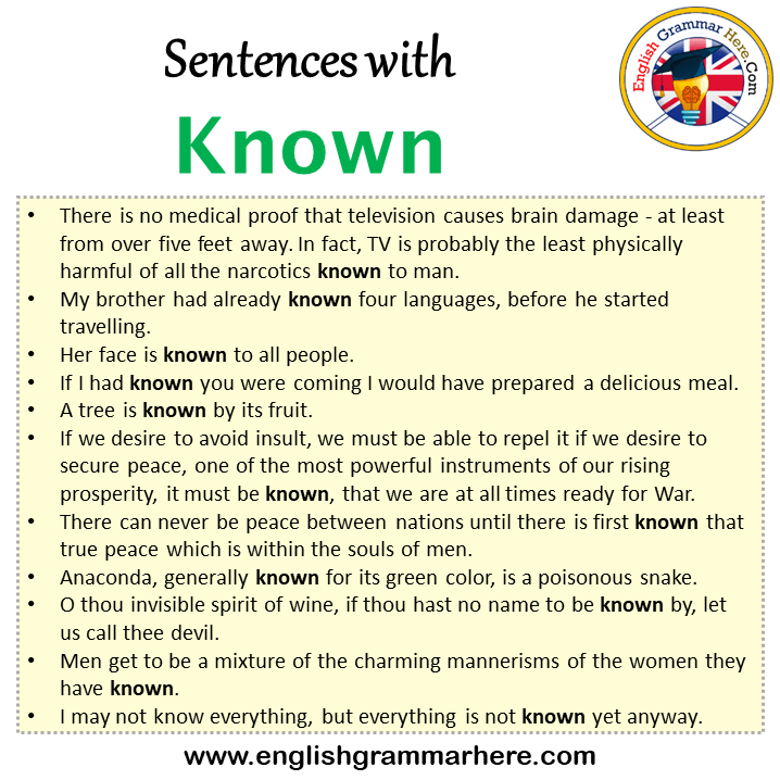 Sentences with Known, Known in a Sentence in English, Sentences For Known
