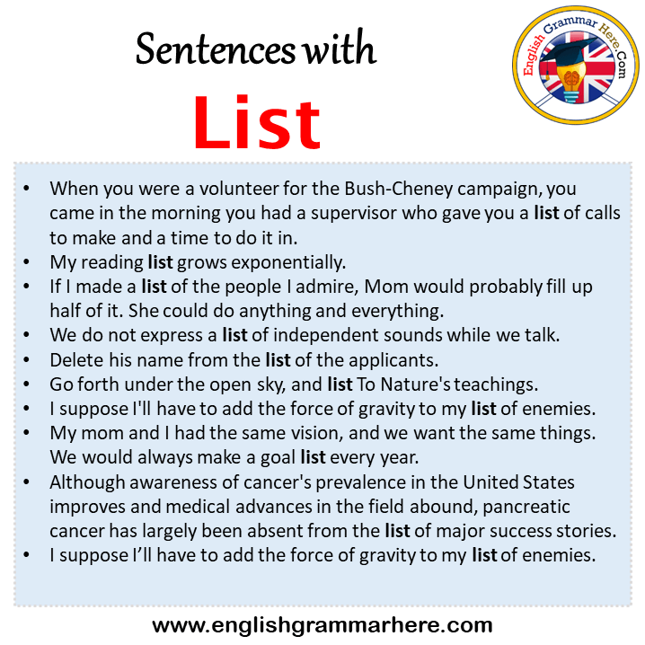 Sentences with List, List in a Sentence in English, Sentences For List