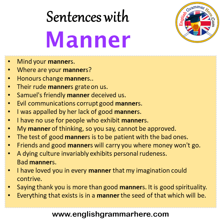 Sentences with Manner, Manner in a Sentence in English, Sentences For Manner