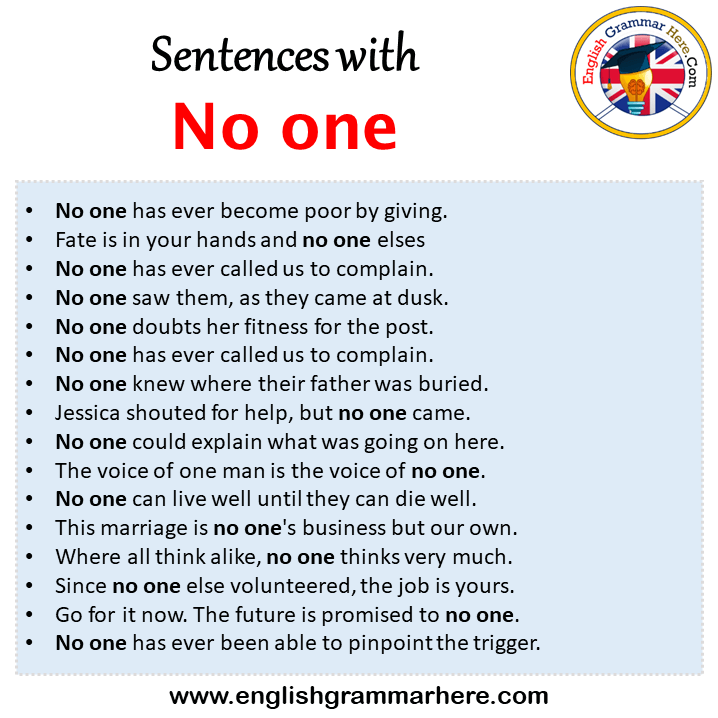 Sentences with No one, No one in a Sentence in English, Sentences For No one