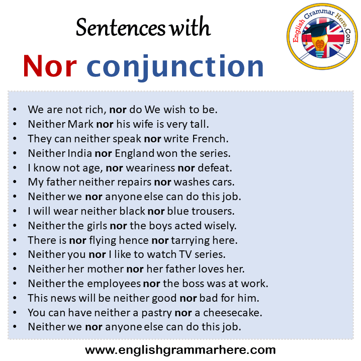 Sentences with Nor conjunction, Nor conjunction in a Sentence in English, Sentences For Nor conjunction