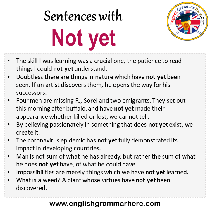 Sentences with Not yet, Not yet in a Sentence in English, Sentences For Not yet