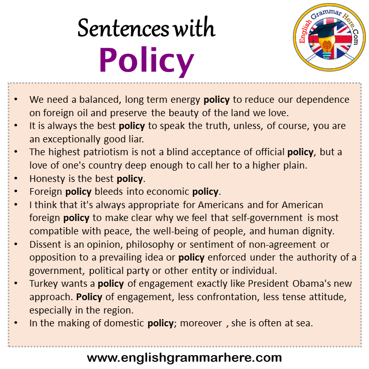 Sentences with Policy, Policy in a Sentence in English, Sentences For Policy