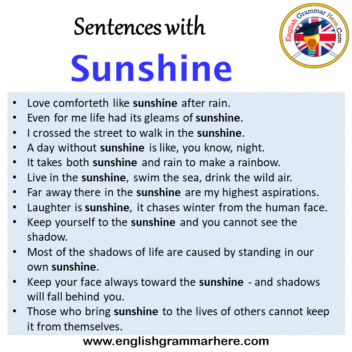 Sentences with Sunshine, Sunshine in a Sentence in English, Sentences For Sunshine