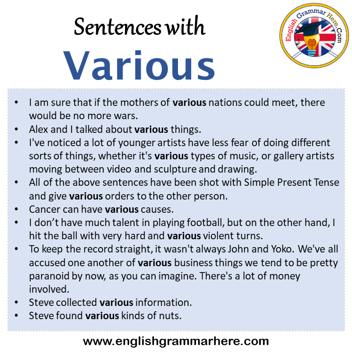 Sentences with Various, Various in a Sentence in English, Sentences For Various