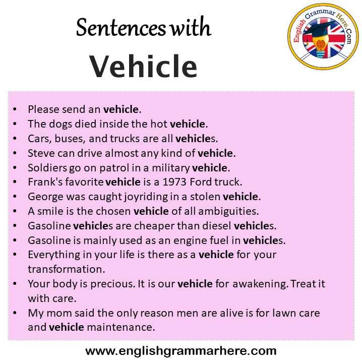 Sentences with Vehicle, Vehicle in a Sentence in English, Sentences For Vehicle