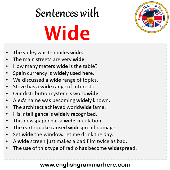 Sentences with Wide, Wide in a Sentence in English, Sentences For Wide