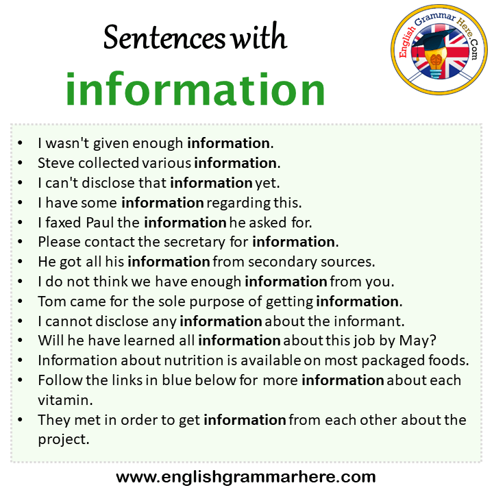 Sentences with information, information in a Sentence in English, Sentences For information