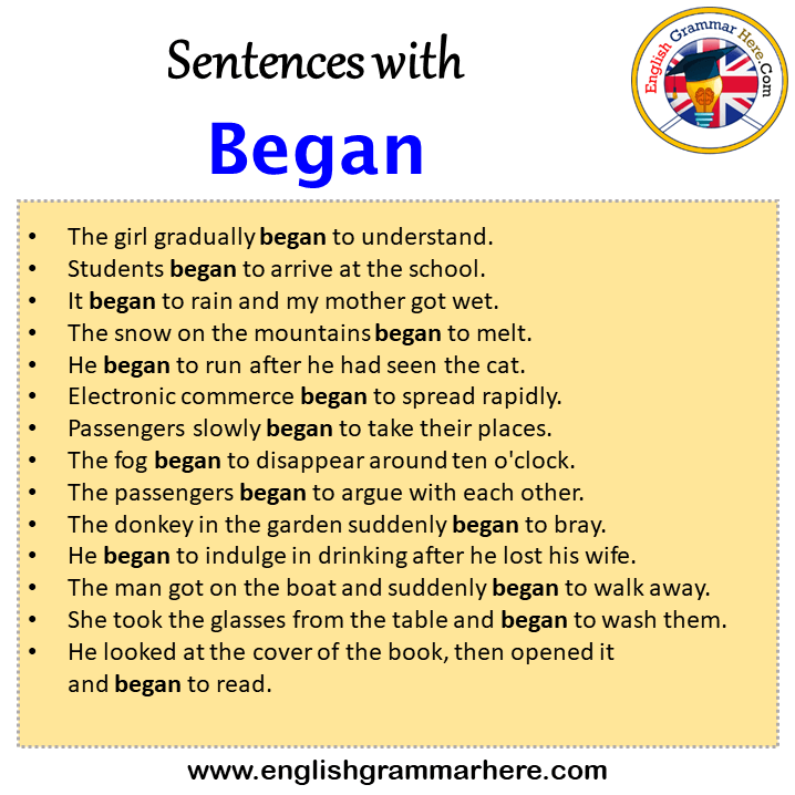 Sentences with Began, Began in a Sentence in English, Sentences For Began