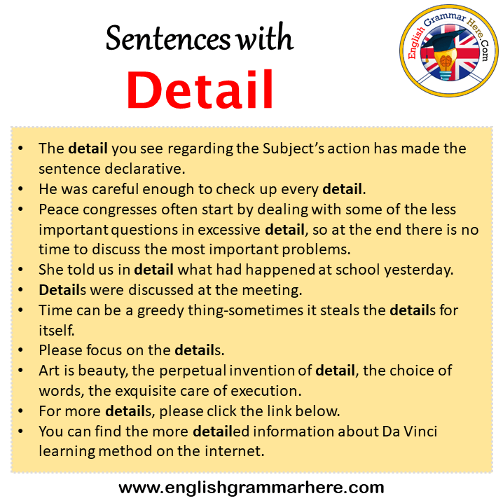 Sentences with Detail, Detail in a Sentence in English, Sentences For Detail