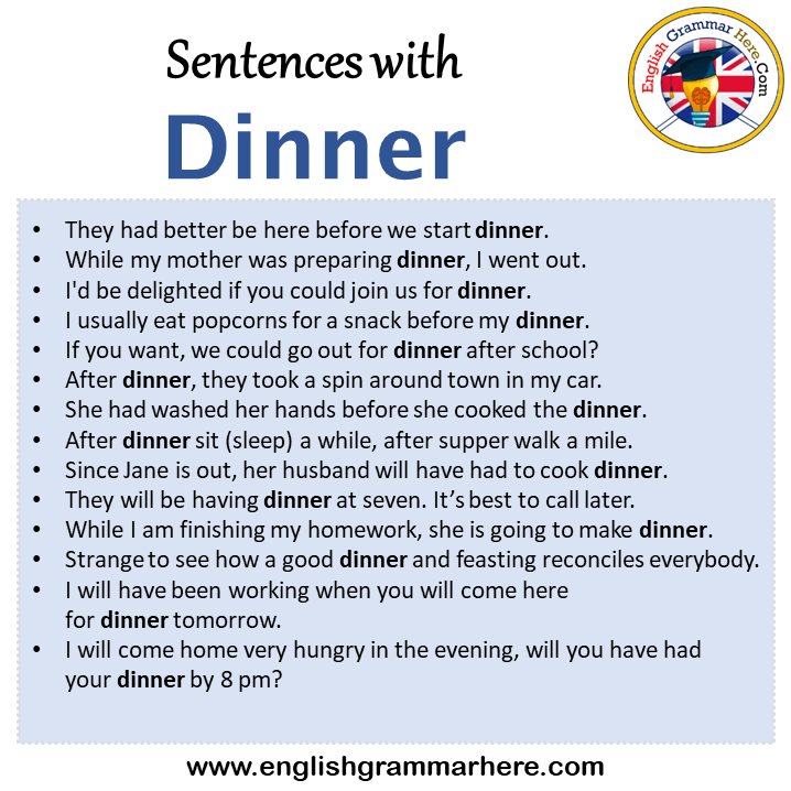 Sentences with Dinner, Dinner in a Sentence in English, Sentences For Dinner