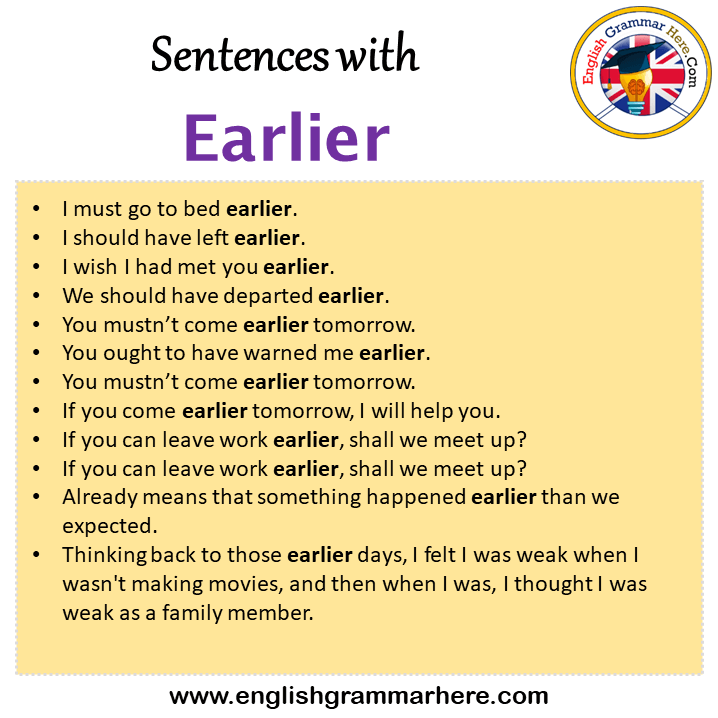 Sentences with Earlier, Earlier in a Sentence in English, Sentences For Earlier