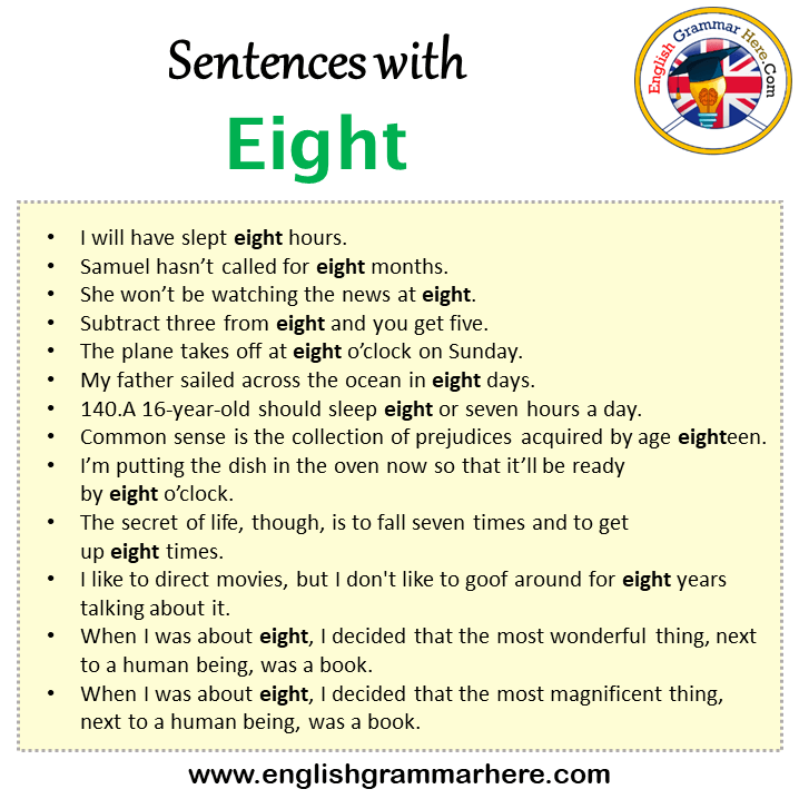 Sentences with Eight, Eight in a Sentence in English, Sentences For Eight