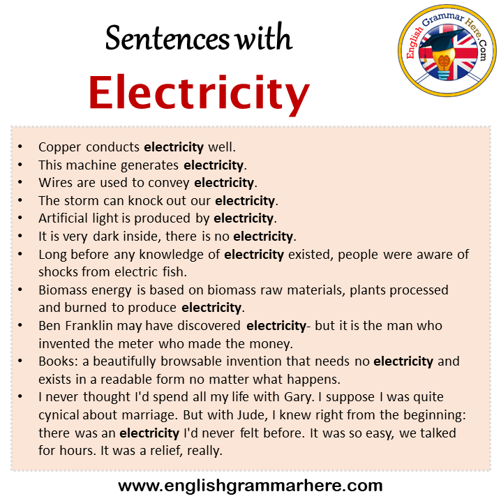Sentences with Electricity, Electricity in a Sentence in English, Sentences For Electricity