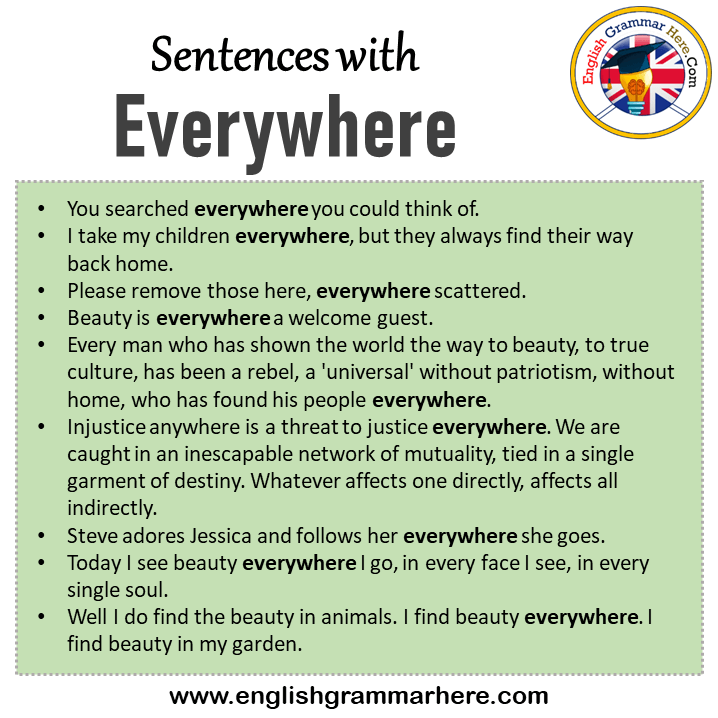 Sentences with Everywhere, Everywhere in a Sentence in English, Sentences For Everywhere