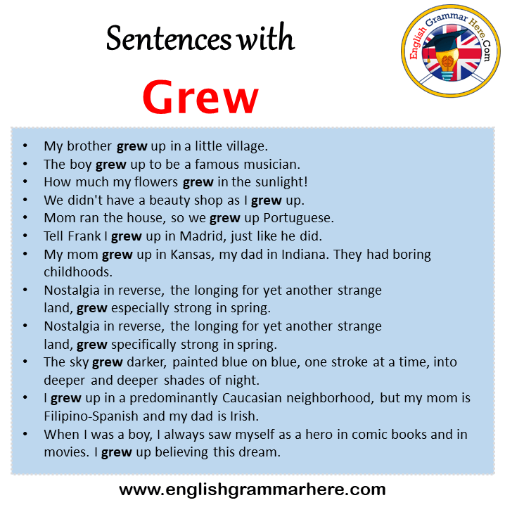 Sentences with Grew, Grew in a Sentence in English, Sentences For Grew