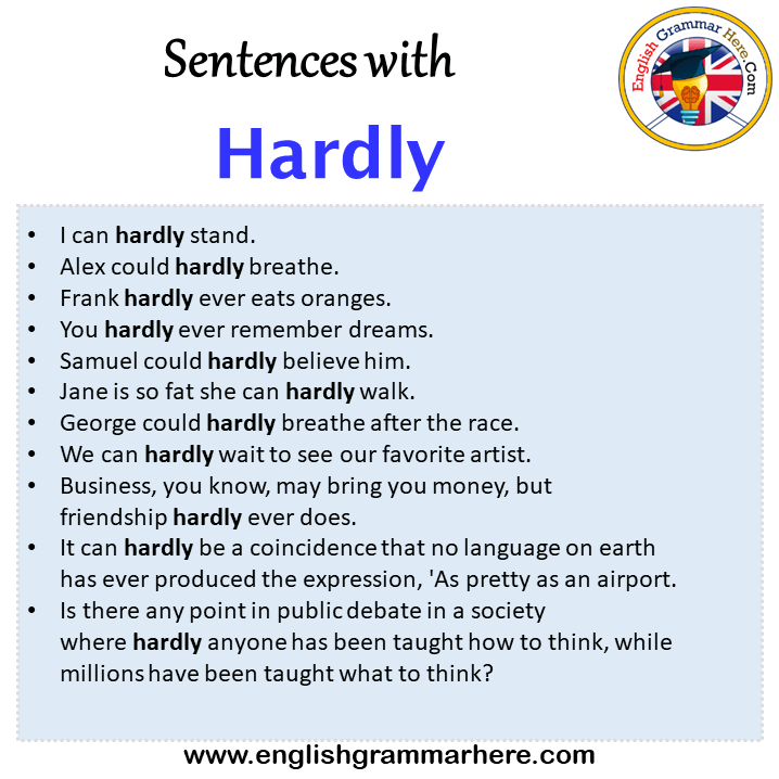 Sentences with Hardly, Hardly in a Sentence in English, Sentences For Hardly