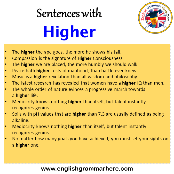 Sentences with Higher, Higher in a Sentence in English, Sentences For Higher
