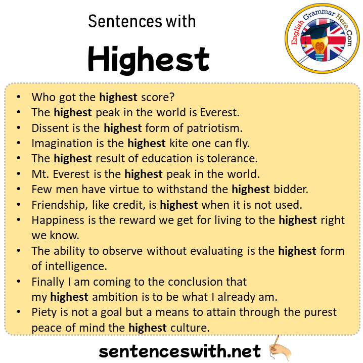 Sentences with Highest, Highest in a Sentence in English, Sentences For Highest