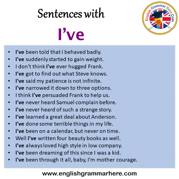 Sentences with I’ve, I’ve in a Sentence in English, Sentences For I’ve