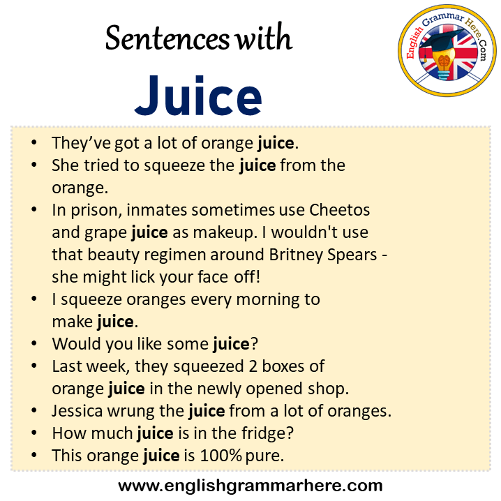 Sentences with Juice, Juice in a Sentence in English, Sentences For Juice
