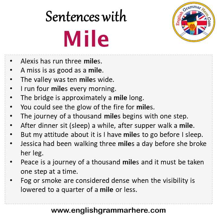 Sentences with Mile, Mile in a Sentence in English, Sentences For Mile