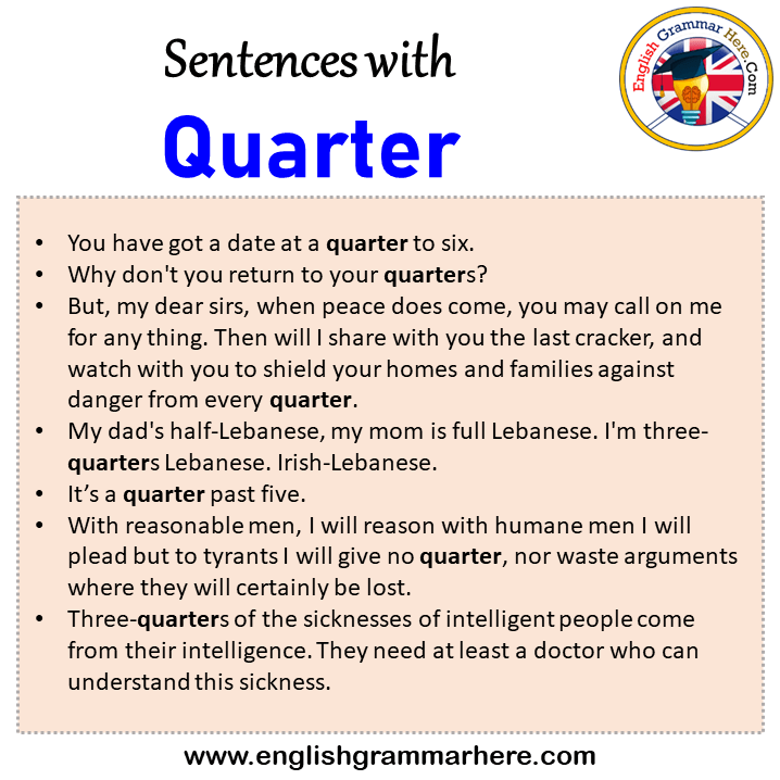 Sentences with Quarter, Quarter in a Sentence in English, Sentences For Quarter