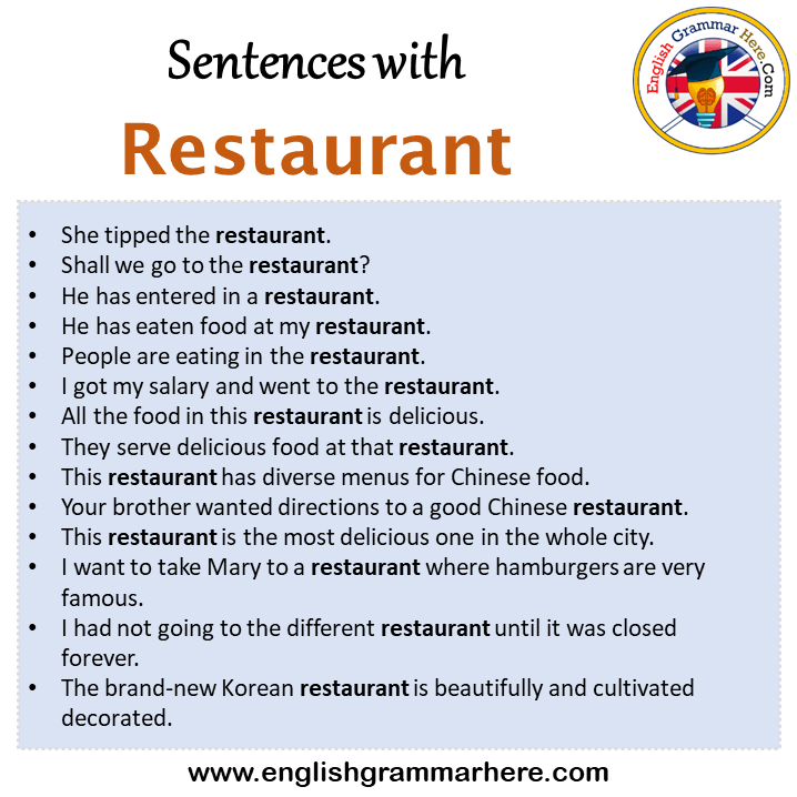 Sentences with Restaurant, Restaurant in a Sentence in English, Sentences For Restaurant