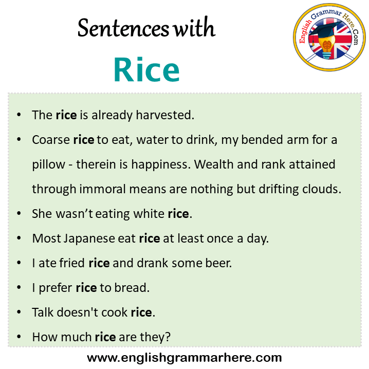 Sentences with Rice, Rice in a Sentence in English, Sentences For Rice