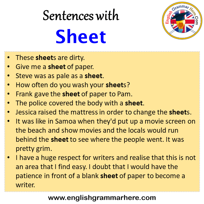 Sentences with Sheet, Sheet in a Sentence in English, Sentences For Sheet