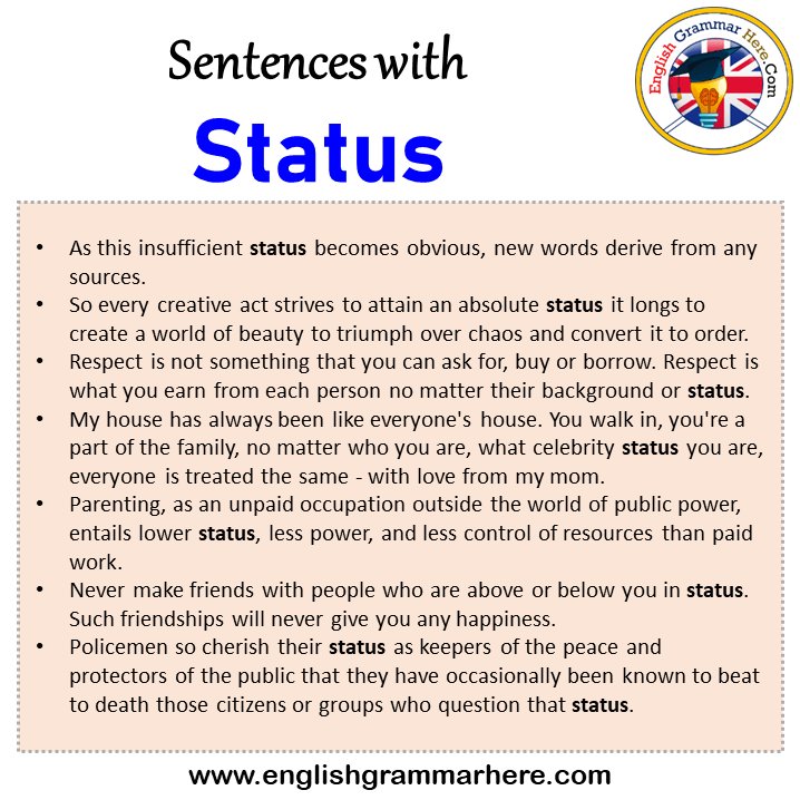 Sentences with Status, Status in a Sentence in English, Sentences For Status