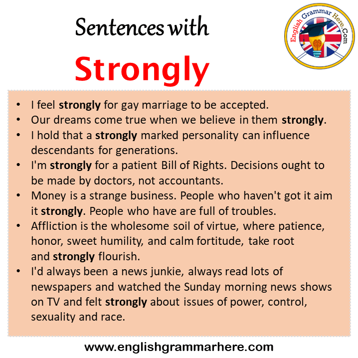 Sentences with Strongly, Strongly in a Sentence in English, Sentences For Strongly