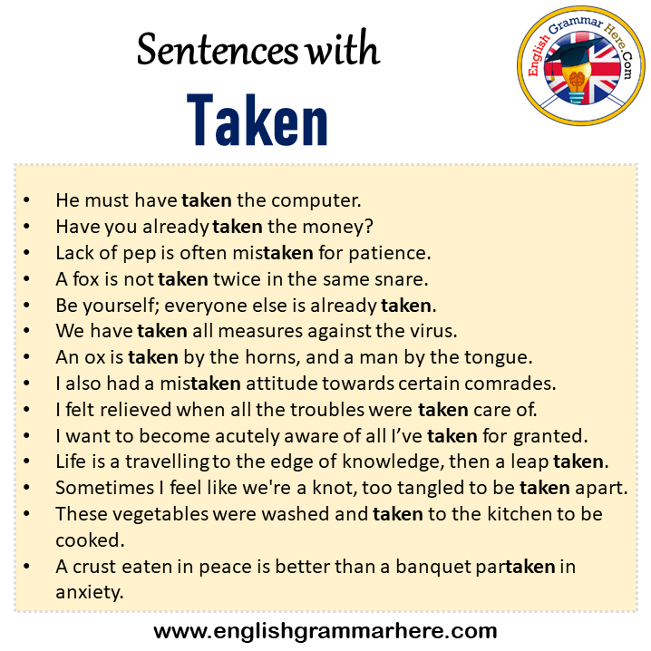 Sentences with Taken, Taken in a Sentence in English, Sentences For Taken